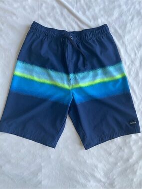 Hurley Men’s Navy Swim Board Shorts with Blue and Neon Yellow Stripe